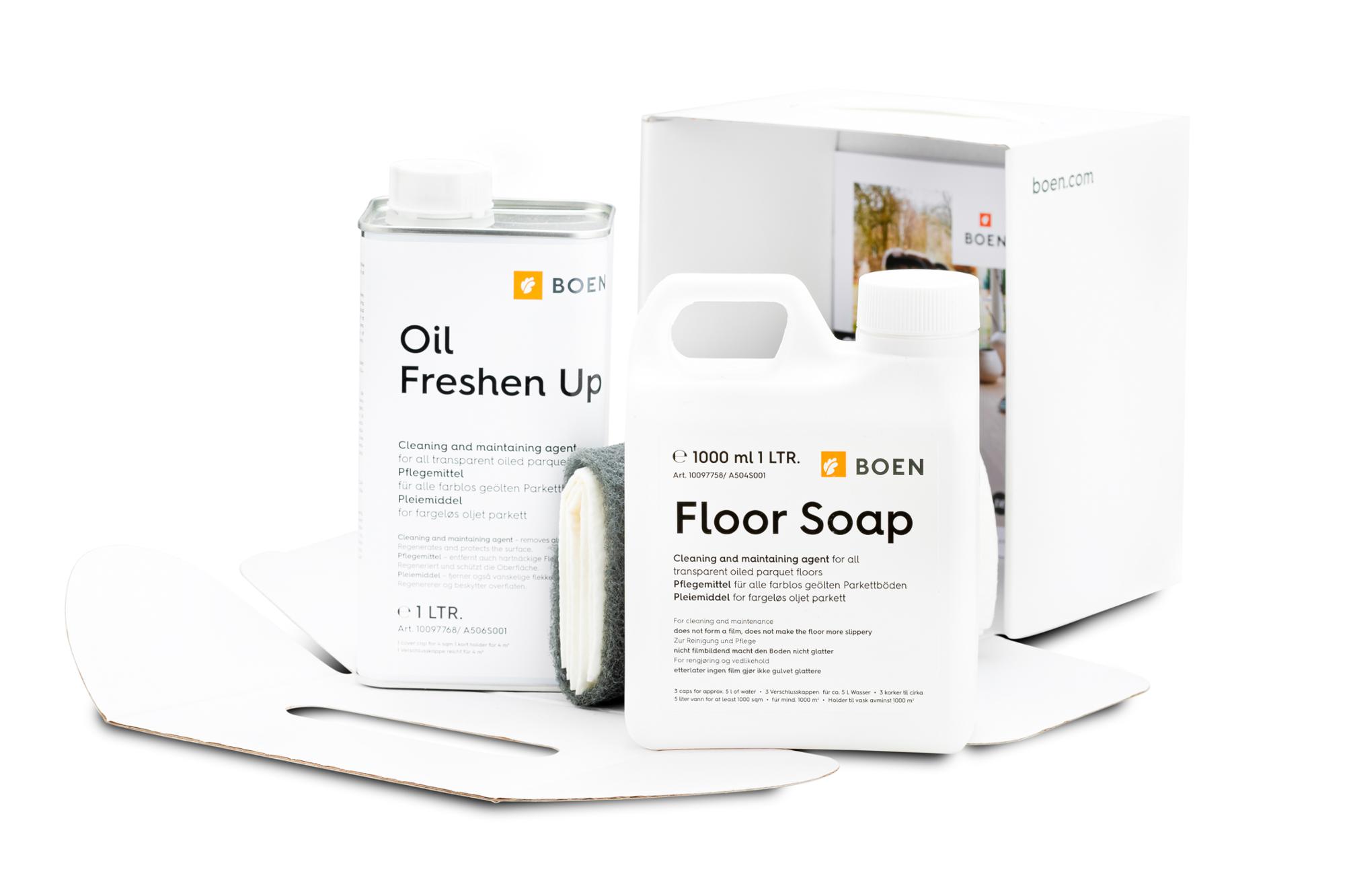 BOEN Care and maintenance kit for transparent oiled floors

Content: 1 litre Floor Soap + 1 litre Oil Freshen Up.